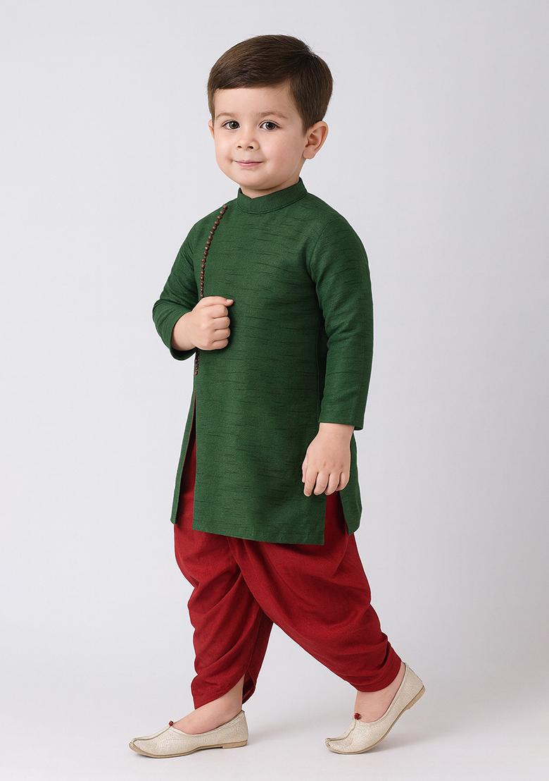 Bottle Green Plain Silk Angrakha With Bottom For Boys - Indya