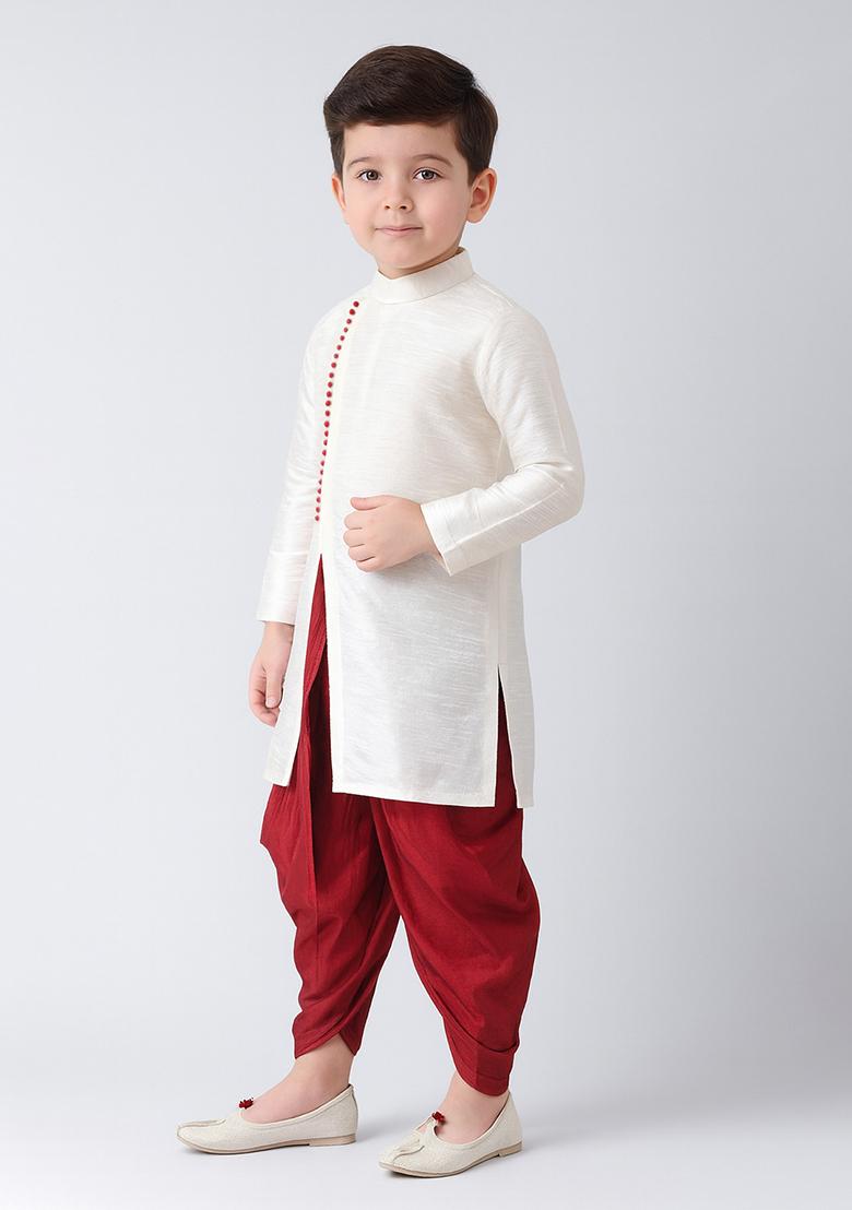 White Plain Silk Angrakha With Bottom For Boys - Indya