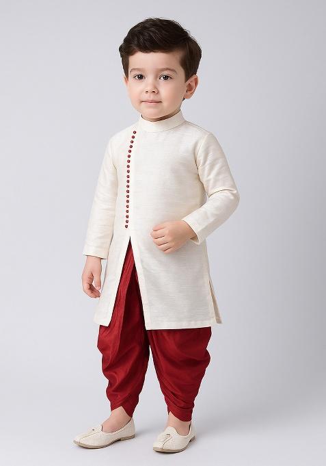White Plain Silk Angrakha With Bottom For Boys