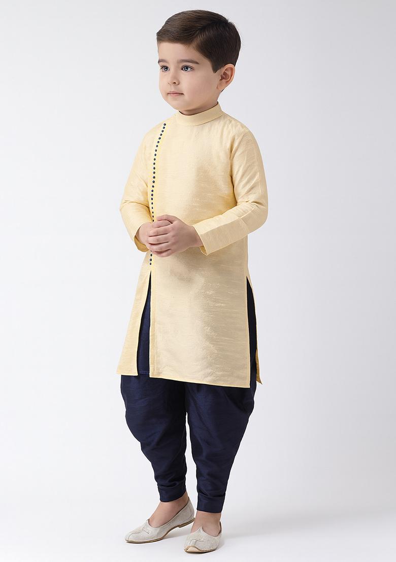 Cream Plain Silk Angrakha With Bottom For Boys - Indya