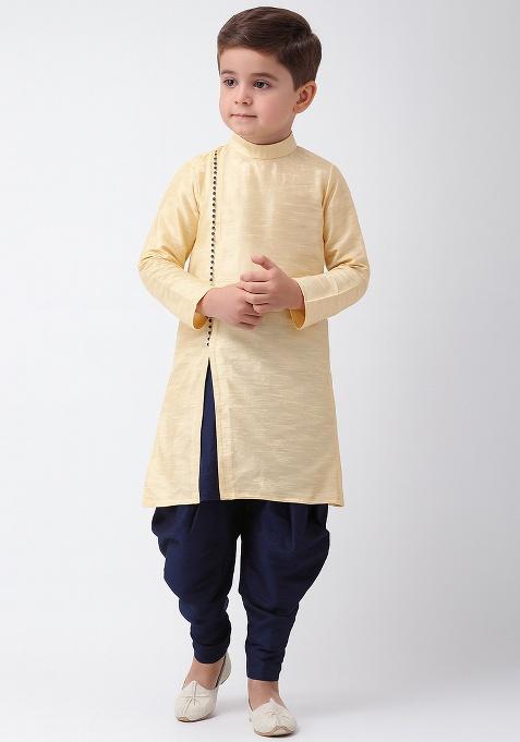 Cream Plain Silk Angrakha With Bottom For Boys