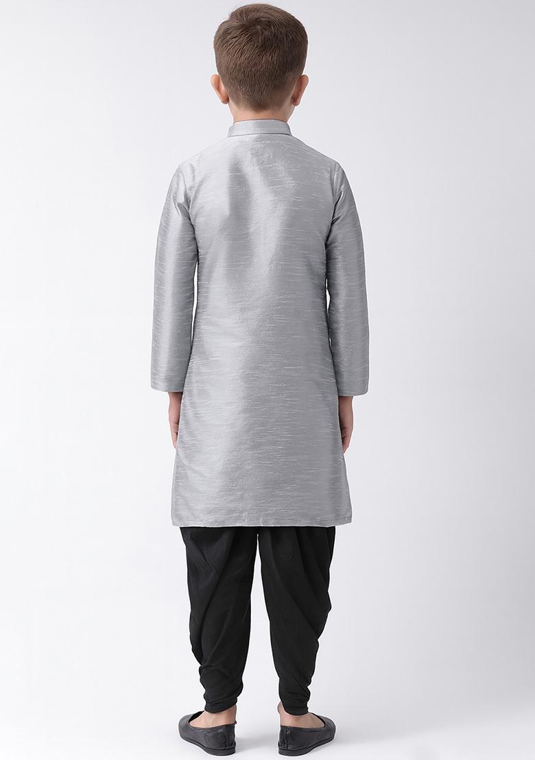 Grey Plain Silk Angrakha With Bottom For Boys - Indya