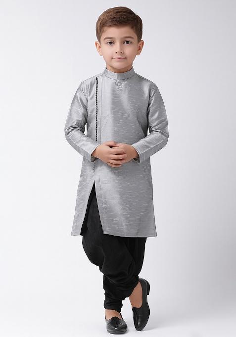Grey Plain Silk Angrakha With Bottom For Boys