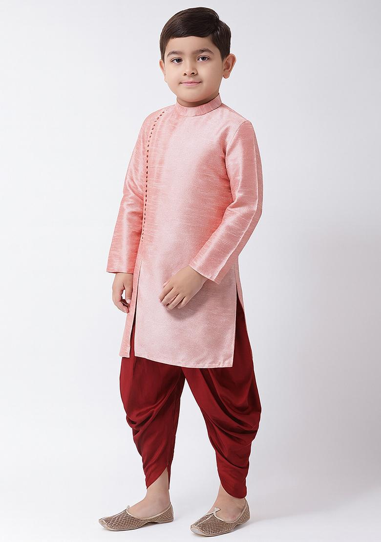 Pink Plain Silk Angrakha With Bottom For Boys - Indya