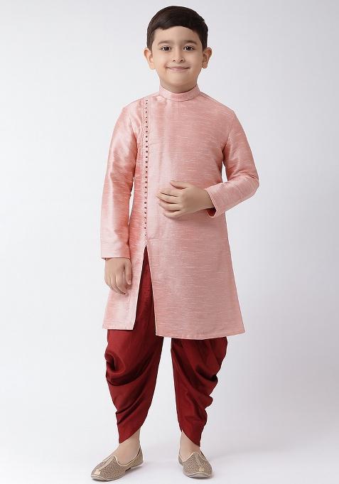Pink Plain Silk Angrakha With Bottom For Boys