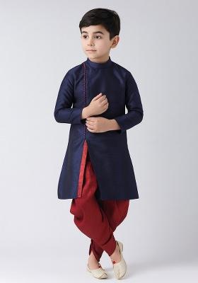 Navy Blue Plain Silk Angrakha With Bottom For Boys