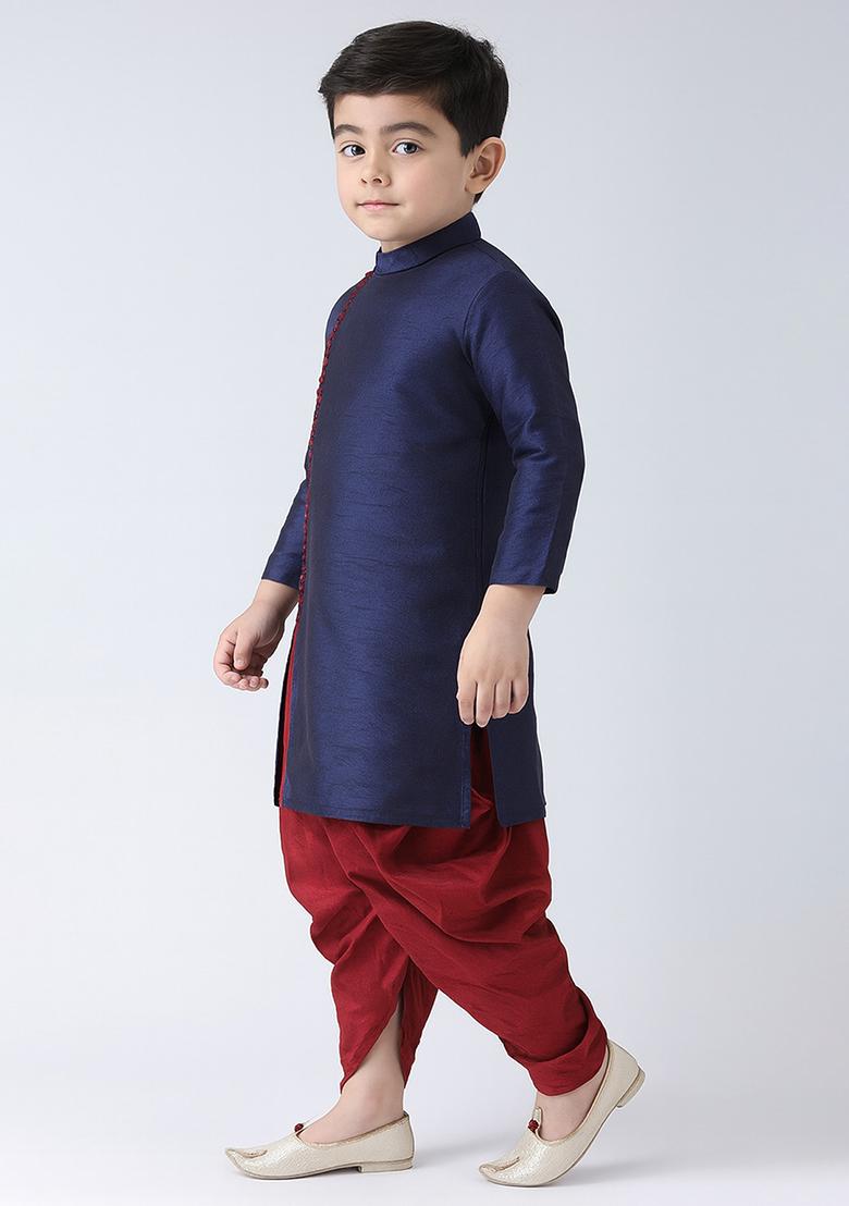 Navy Blue Plain Silk Angrakha With Bottom For Boys - Indya