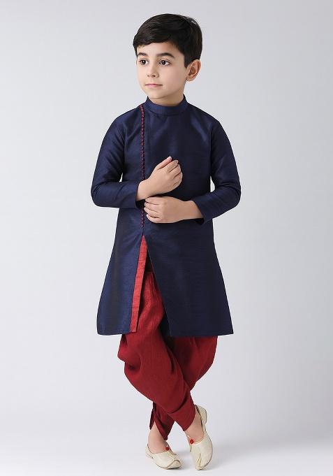 Navy Blue Plain Silk Angrakha With Bottom For Boys