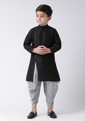 Black Plain Silk Angrakha With Bottom For Boys