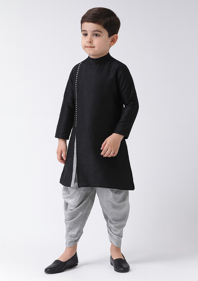 Black Plain Silk Angrakha With Bottom For Boys - Indya