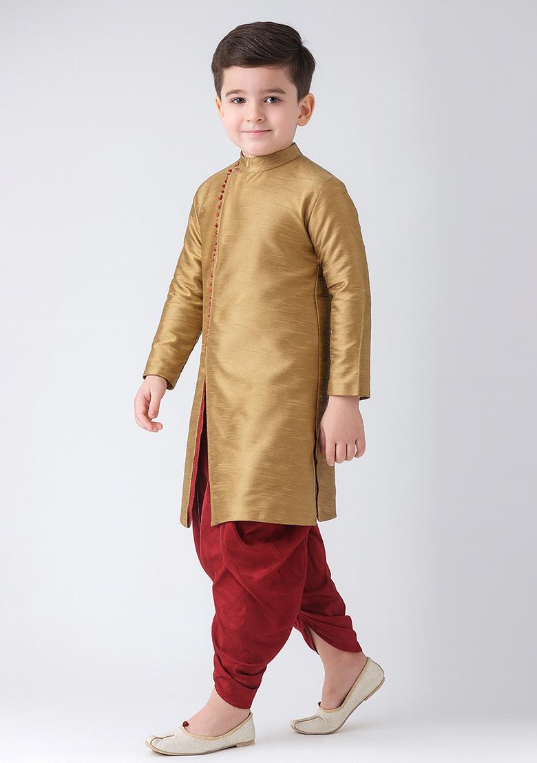 Golden Plain Silk Angrakha With Bottom For Boys - Indya