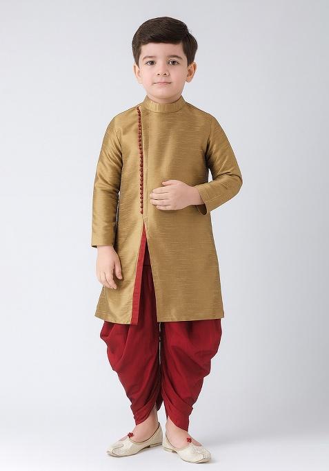 Golden Plain Silk Angrakha With Bottom For Boys