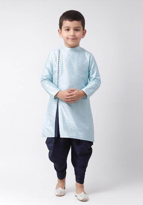 Light Blue Plain Silk Angrakha With Bottom For Boys