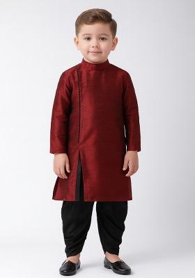 Maroon Plain Silk Angrakha With Bottom For Boys