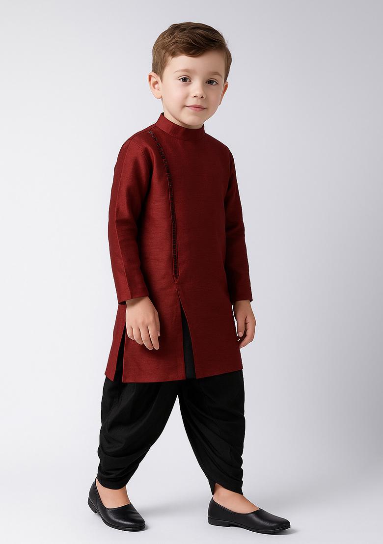 Maroon Plain Silk Angrakha With Bottom For Boys - Indya