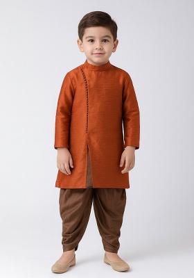 Rust Plain Silk Angrakha With Bottom For Boys