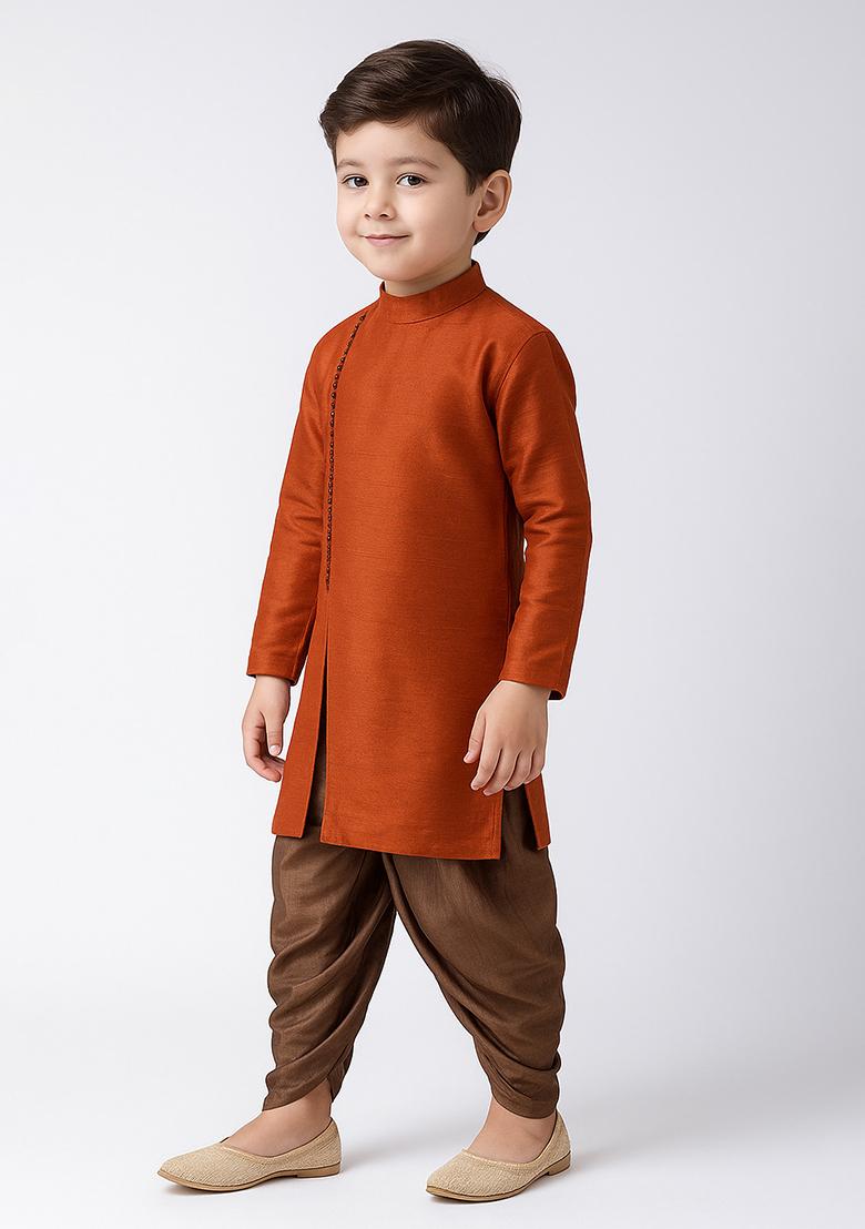 Rust Plain Silk Angrakha With Bottom For Boys - Indya