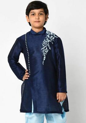 Navy Blue Embroidery Silk Kurta For Boys
