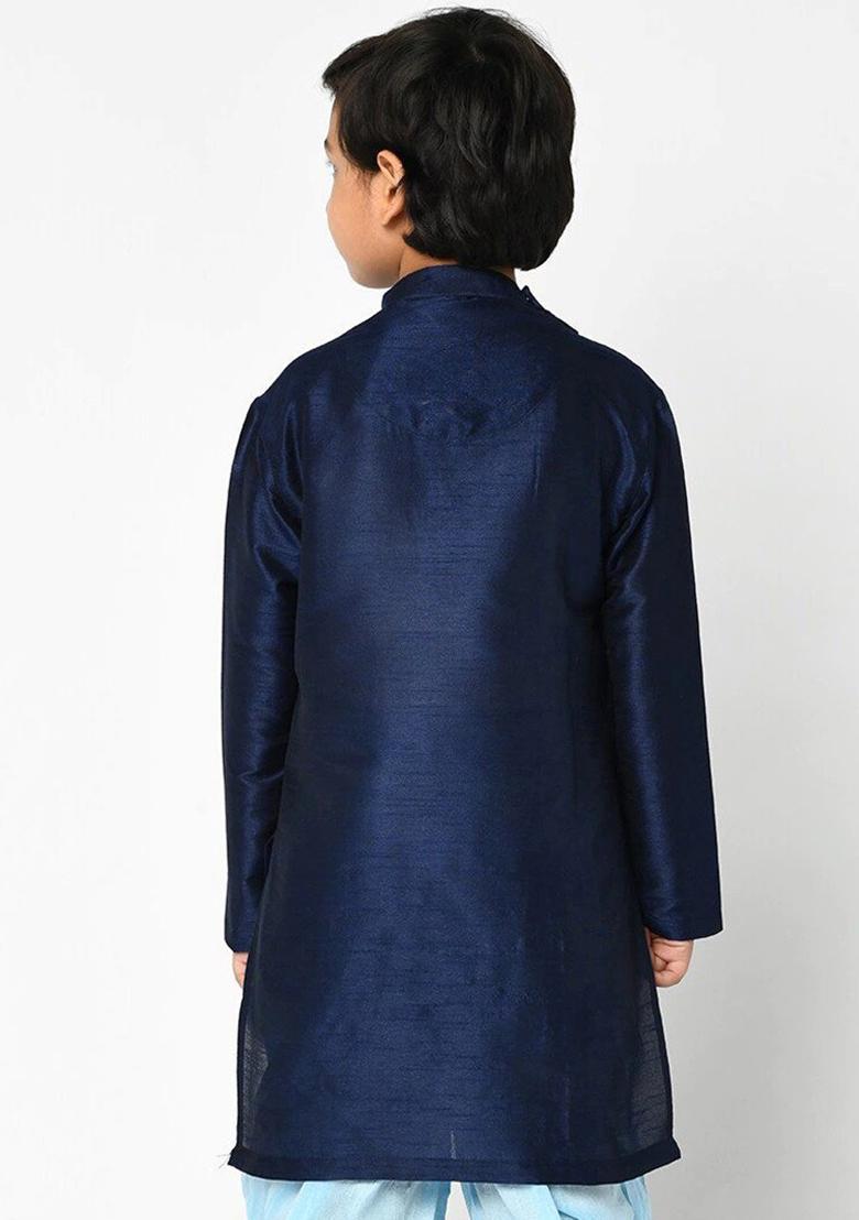 Navy Blue Embroidery Silk Kurta For Boys - Indya