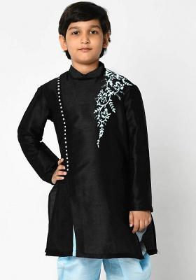 Black Embroidery Silk Kurta For Boys
