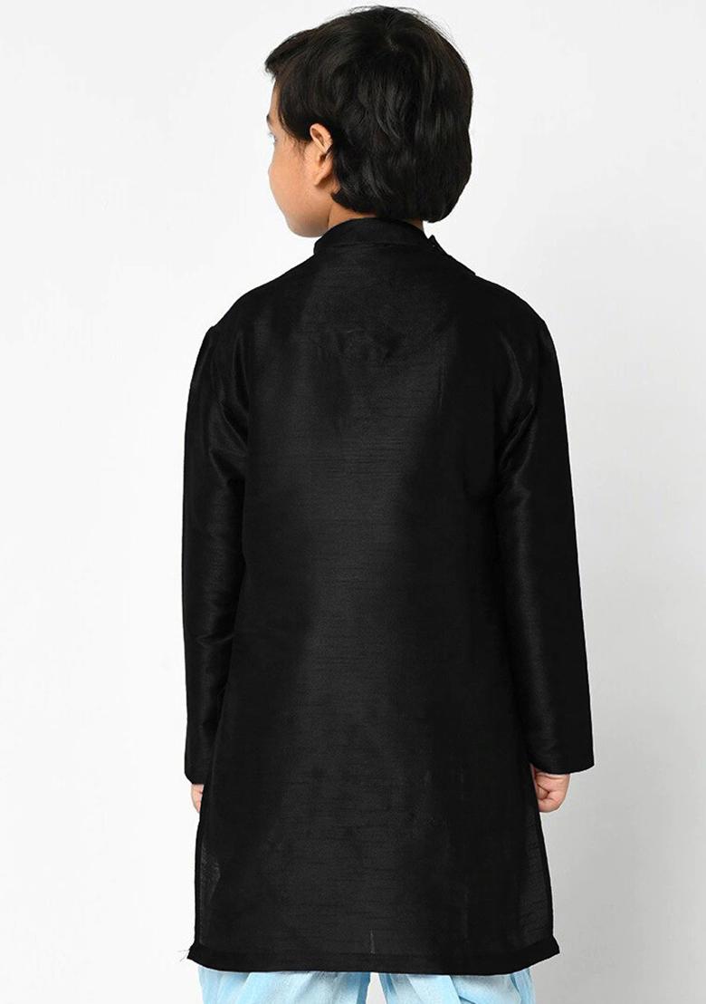 Black Embroidery Silk Kurta For Boys - Indya