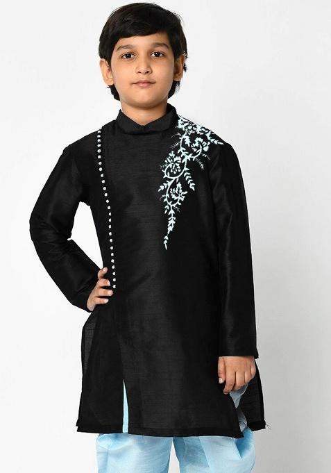 Black Embroidery Silk Kurta For Boys