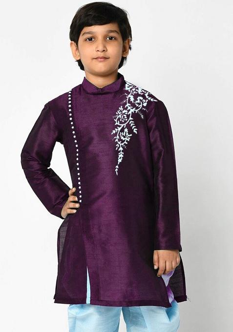 Purple Embroidery Silk Kurta For Boys