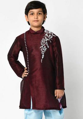 Wine Embroidery Silk Kurta For Boys
