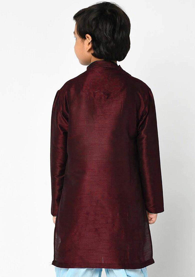 Wine Embroidery Silk Kurta For Boys - Indya