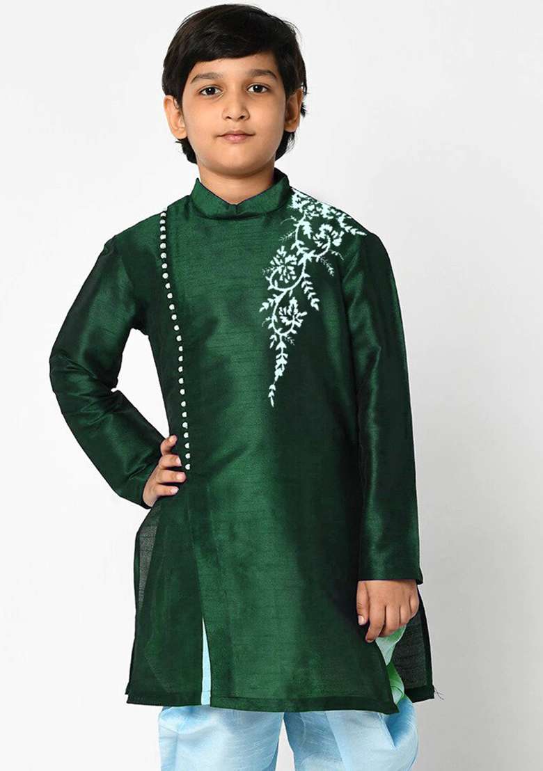 Bottle Green Embroidery Silk Kurta For Boys - Indya