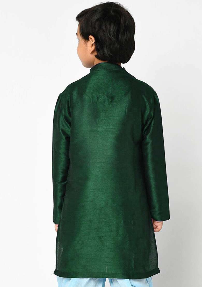Bottle Green Embroidery Silk Kurta For Boys - Indya