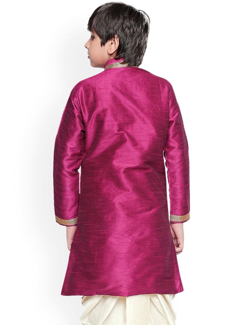 Magenta Embroidery Silk Kurta For Boys - Indya