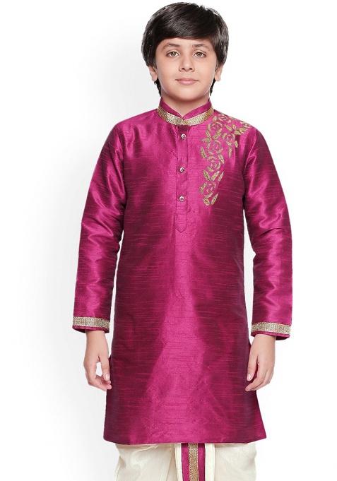 Magenta Embroidery Silk Kurta For Boys