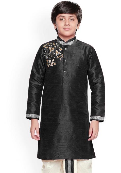 Black Embroidery Silk Kurta For Boys