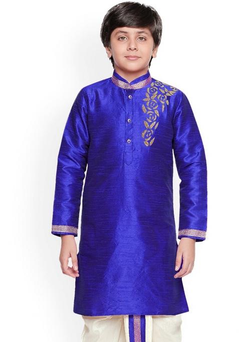 Royal Blue Embroidery Silk Kurta For Boys