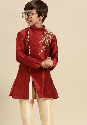 Maroon Embroidery Silk Kurta For Boys