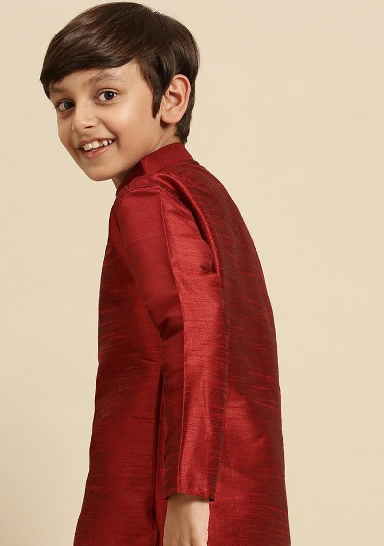 Maroon Embroidery Silk Kurta For Boys - Indya