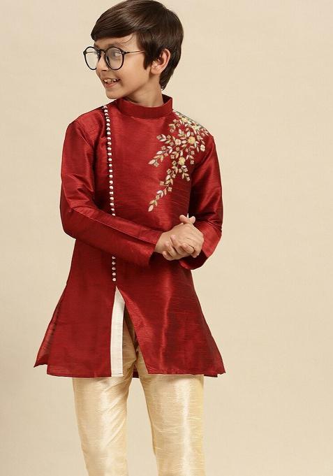 Maroon Embroidery Silk Kurta For Boys