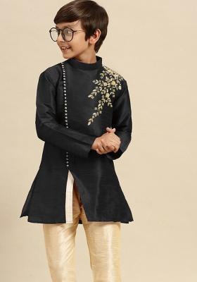Black Embroidery Silk Kurta For Boys