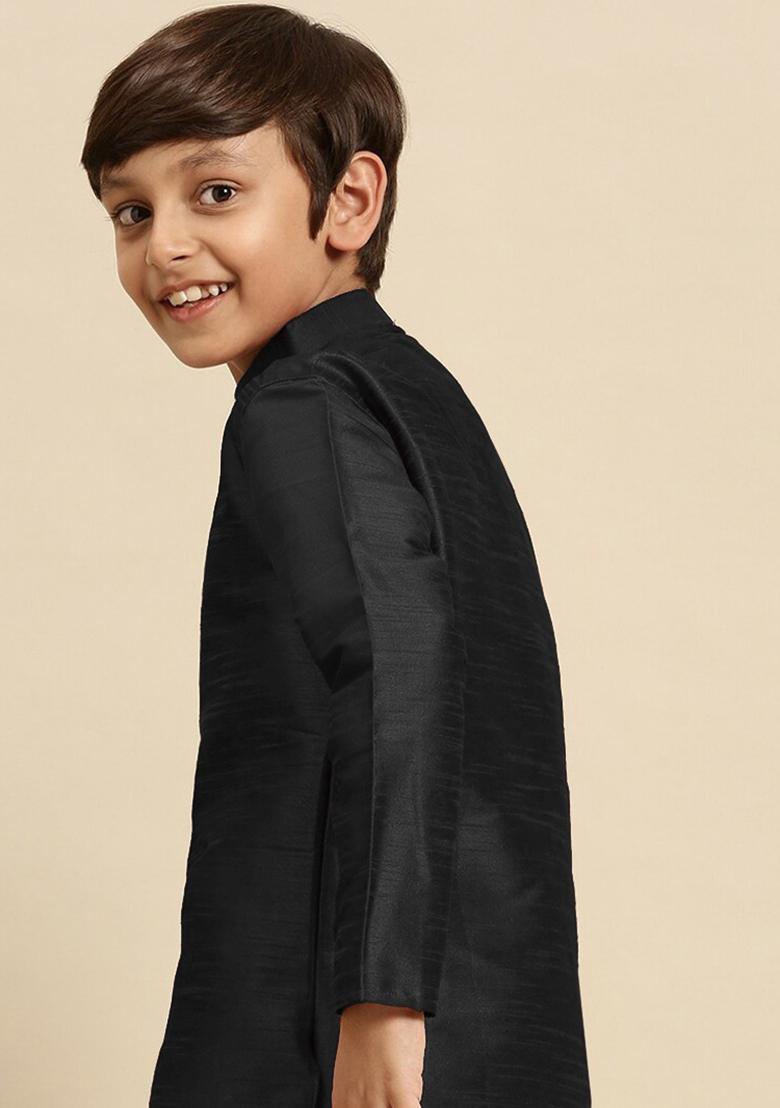 Black Embroidery Silk Kurta For Boys - Indya
