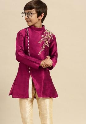 Black Embroidery Silk Kurta For Boys
