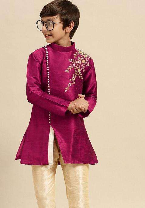 Black Embroidery Silk Kurta For Boys