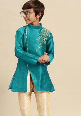 Aqua Blue Embroidery Silk Kurta For Boys