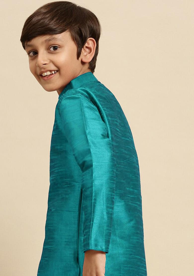 Aqua Blue Embroidery Silk Kurta For Boys - Indya