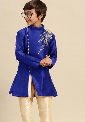Royal Blue Embroidery Silk Kurta For Boys