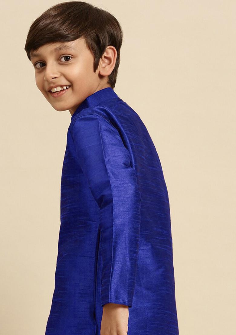 Royal Blue Embroidery Silk Kurta For Boys - Indya
