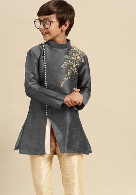 Dark Grey Embroidery Silk Kurta For Boys