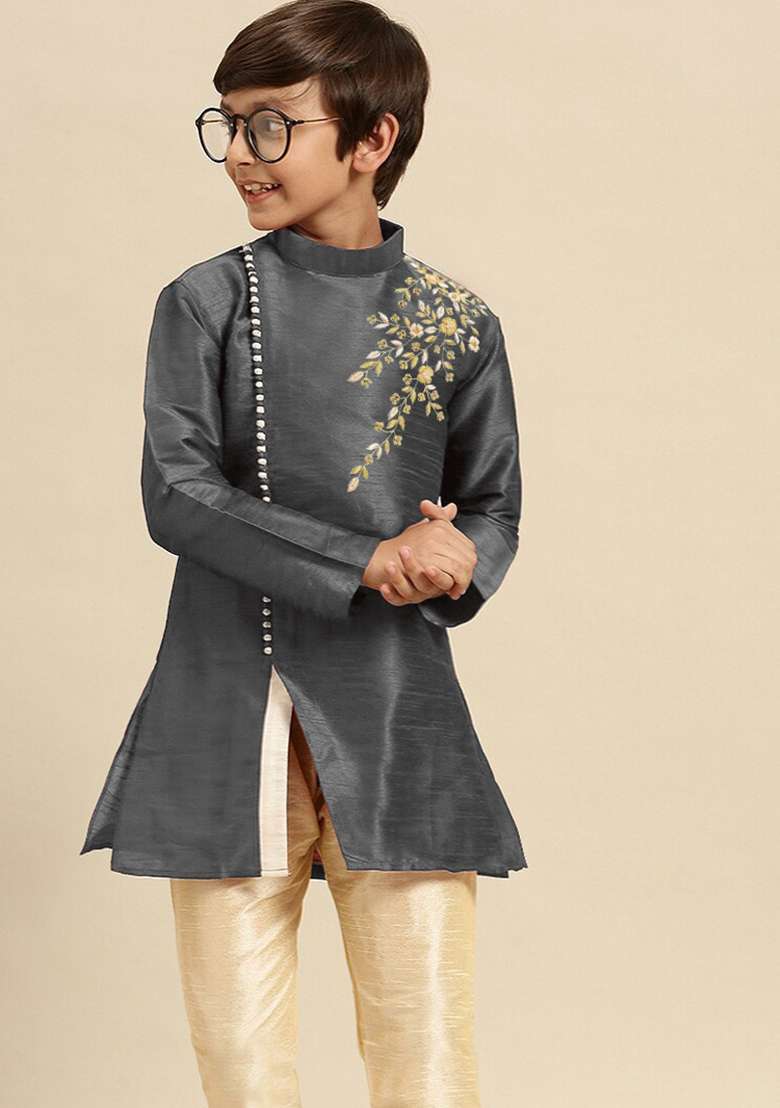 Dark Grey Embroidery Silk Kurta For Boys - Indya