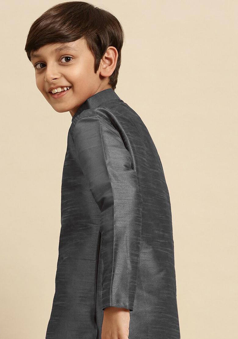 Dark Grey Embroidery Silk Kurta For Boys - Indya