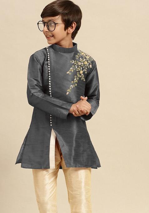 Dark Grey Embroidery Silk Kurta For Boys